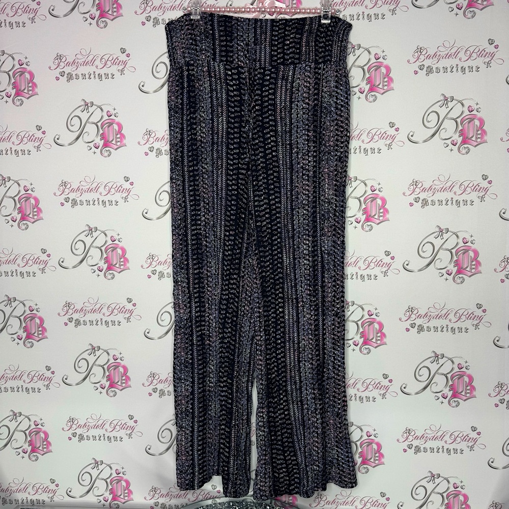 c wonder pants flare hippie black paisley print pink purple white flowy baggy